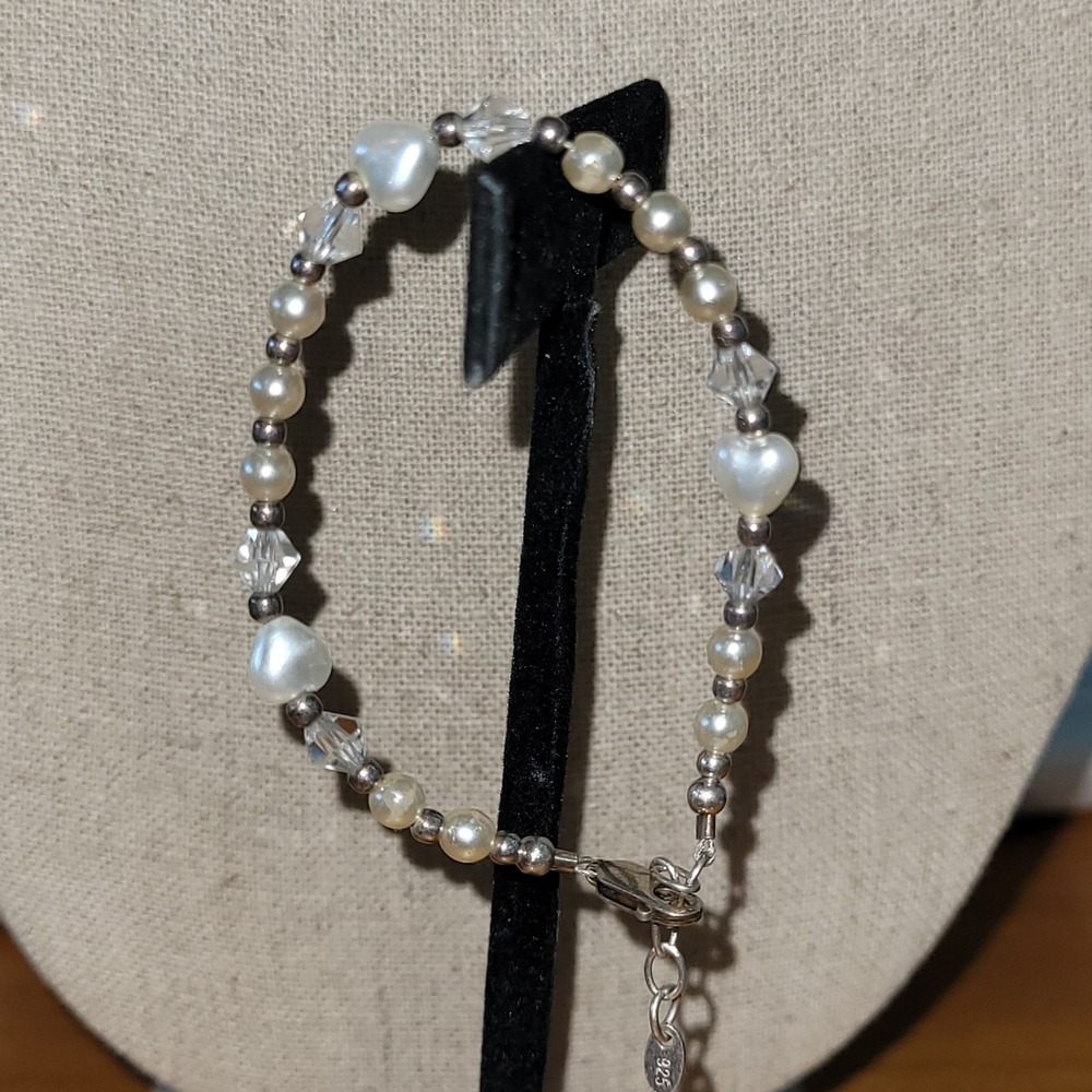 Vintage CM 925 Sterling Silver Mother of Pearl Heart Crystal Bracelet 7in